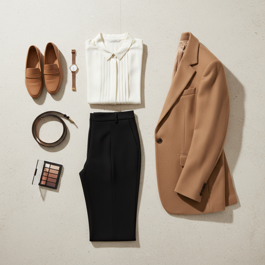 An elegant flat-lay on a pale stone surface showcasing a complete capsule wardrobe selection curated by a dressing consultant: a perfectly folded ivory silk blouse, tailored black trousers aligned with crisp seams, a camel wool blazer slightly angled to create depth, and a pair of minimalist leather loafers positioned at the top corner. Around them, a narrow leather belt, a fine-chain watch, and a small palette of neutral makeup are arranged with calculated negative space. Soft, diffused overhead lighting creates gentle shadows along the fabric folds and a quiet sheen on the silk and metal. Photographic realism with a bird’s-eye view and meticulous composition produces a high-fashion, magazine-like atmosphere that communicates method, intentionality, and timeless, sophisticated style.