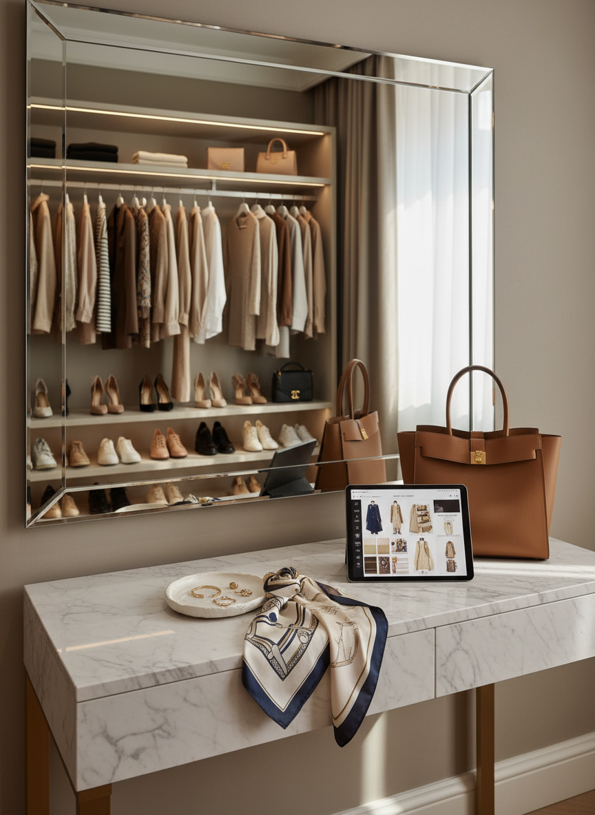 A luxurious dressing consultation vignette without any people, featuring a marble-topped console against a warm greige wall, above which hangs a large, frameless mirror reflecting an impeccably organized wardrobe. On the console, a curated selection of accessories is arranged: a structured leather tote, a silk scarf draped in soft folds, minimalist gold jewelry in a shallow ceramic dish, and a discrete tablet open to a moodboard interface. Soft afternoon light filters from the side, casting delicate shadows and highlights on the metal and silk textures. Shot in photographic realism from a slightly elevated angle, the composition feels editorial and intimate, with a shallow depth of field that blurs the reflected wardrobe just enough to suggest professional styling expertise and a sophisticated, bespoke service.