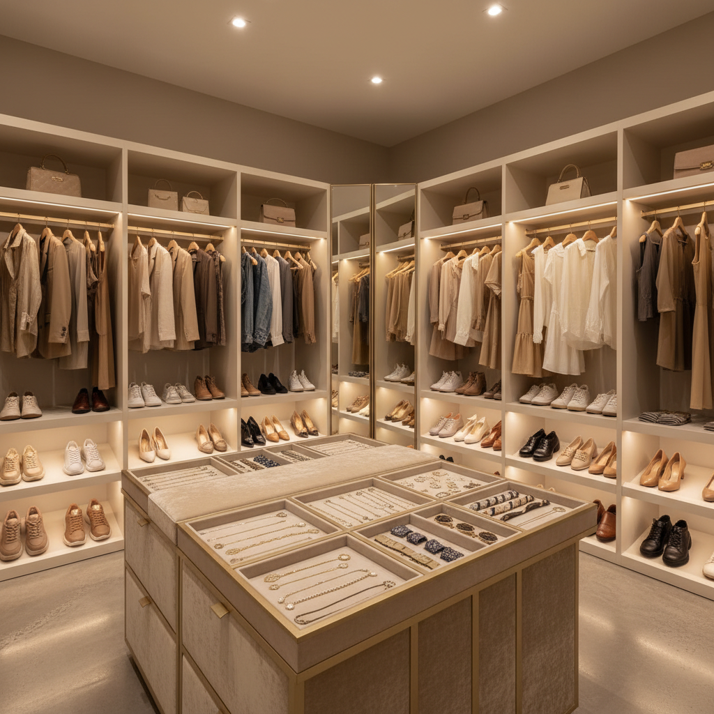 A serene, boutique-like walk-in dressing space captured in photographic realism, featuring a central freestanding island with velvet-lined open drawers showcasing neatly arranged jewelry, sunglasses, and silk ties, all separated by minimalist dividers. Around the room, open shelves display perfectly aligned shoes in a gradient of neutrals, while hanging rails present coordinated outfits grouped by lifestyle: work, casual, evening. The palette is soft beige, warm white, and muted taupe, with touches of brushed brass hardware. Warm, recessed ceiling lights and a subtle LED strip along the shelves create layered, flattering illumination, casting delicate highlights on leather and suede. Shot from a slightly elevated corner to reveal the full layout, the composition feels spacious, calm, and ultra-organized, embodying the promise of a consultant-crafted, effortless wardrobe system.
