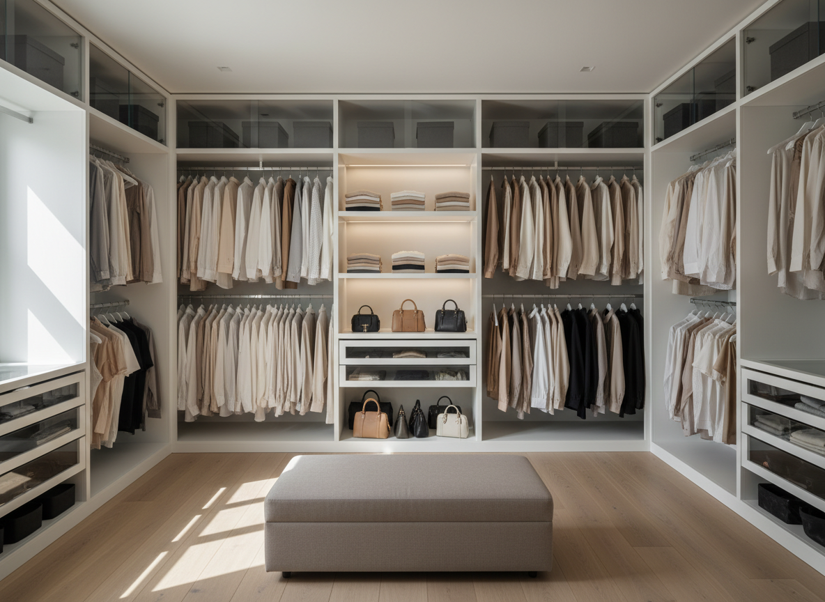 A meticulously organized open dressing room with floor-to-ceiling matte white wardrobes and glass-front drawers, each compartment displaying neatly spaced neutral-toned garments on slim velvet hangers. Cashmere sweaters in beige, cream, and charcoal are folded with perfect symmetry on a central shelf, while leather handbags rest in individual cubbies. The scene is set in a minimalist, high-end apartment with pale oak flooring and a low, upholstered bench in soft taupe. Diffused natural daylight pours in from an unseen window, creating gentle, elongated shadows and subtle reflections on the glass. Photographic realism, eye-level composition, and a calm, editorial mood emphasize luxury, order, and space, with sharp focus throughout and a discreet blurred background corridor suggesting a private, serene world.