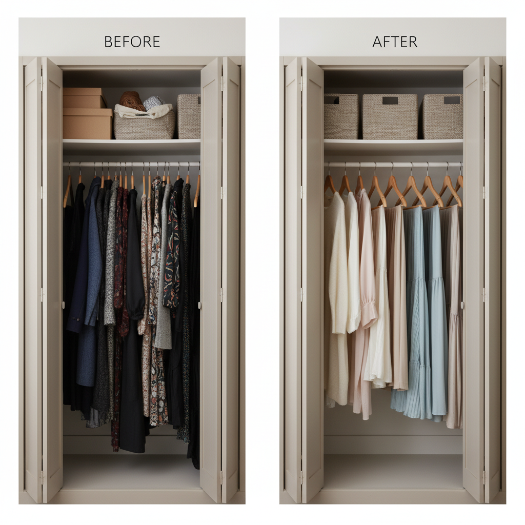 A before-and-after wardrobe transformation presented as a single, wide, photographic image: on the left, an implied "before" section shows a slightly chaotic rail of mixed garments, still tidy but visually denser and darker; on the right, the "after" section reveals a serene, color-coordinated wardrobe with breathable spacing, matching wooden hangers, and coordinated storage boxes above. The setting is a built-in closet with matte champagne-toned doors pulled fully open to reveal the contrast. Soft studio lighting evenly illuminates both sides, with a subtle gradient that leads the eye toward the refined, organized half. Captured straight-on with sharp focus and a minimalist, editorial aesthetic, the mood conveys clarity, transformation, and the subtle luxury of professional dressing organization.